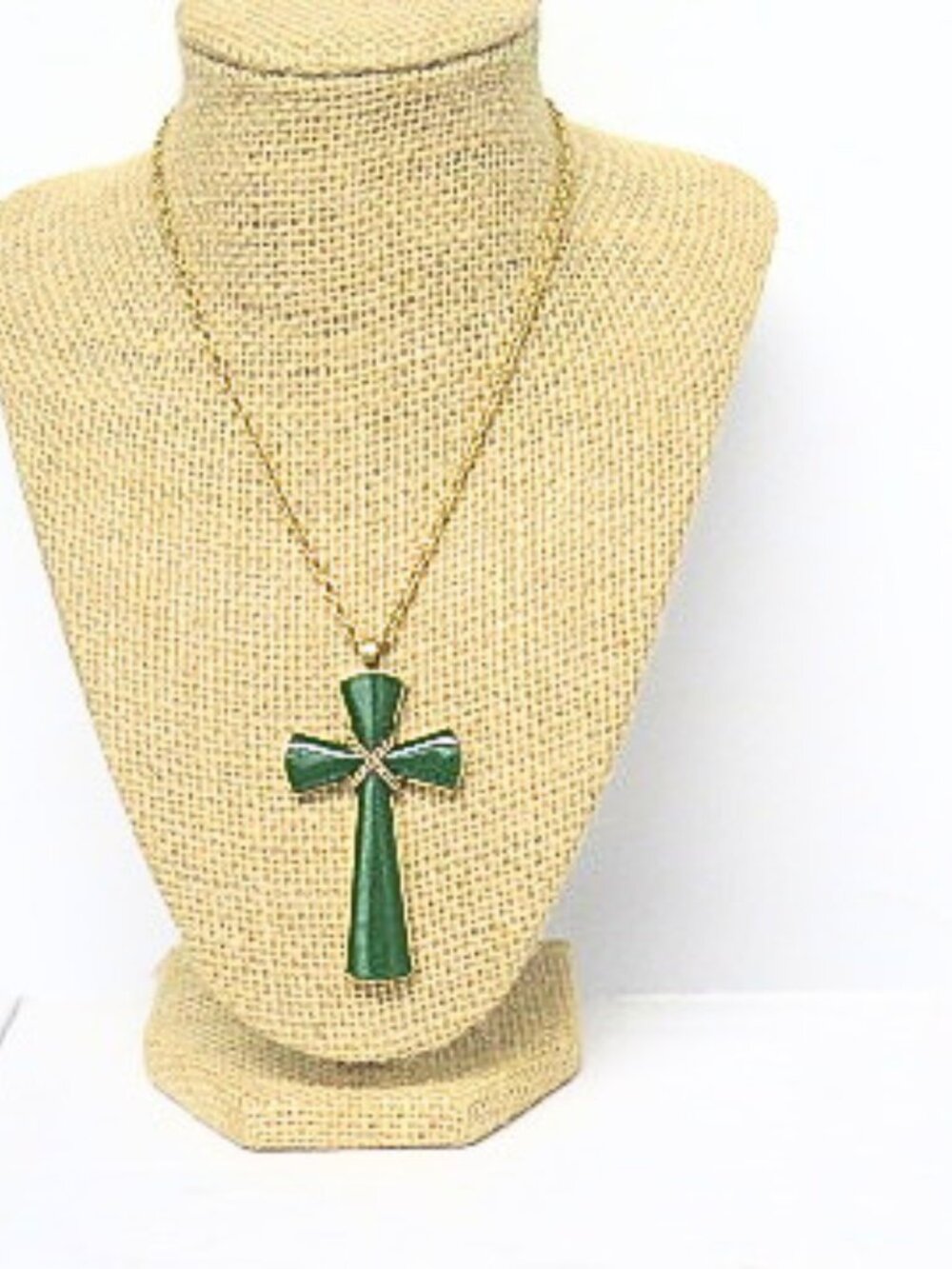 Vintage Reversible Green Gold Tone Cross Pendant Necklace 2 Sided Religious
